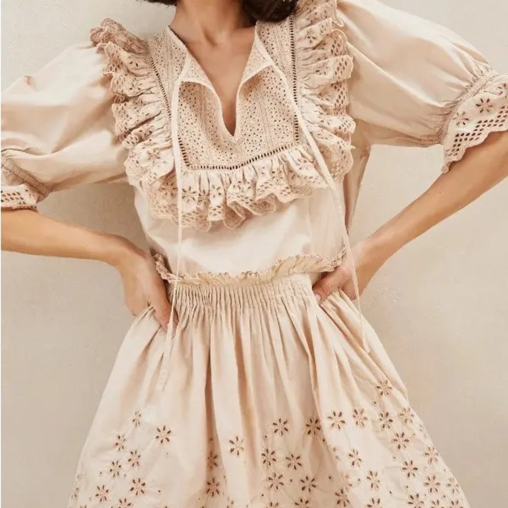 Loeffler Randall Cream Eyelet Ruffle Mini Dress